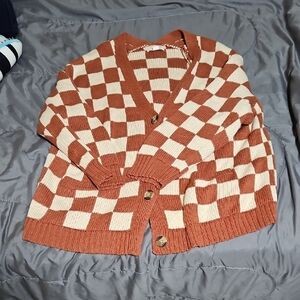 American Eagle Outfitters Brown and Cream Checkered Cardigan